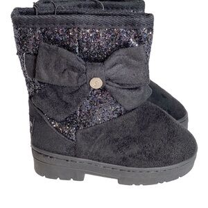 New Bebe Girls Black with Glitter and Bow Faux Suede Boots Size 7 Faux Fur Linin